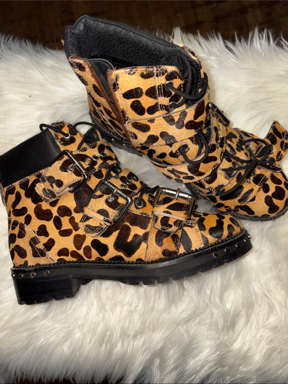 Animal Leopard-Print Buckle Combat Boots in Tan and Black